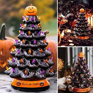 Lighted Halloween Tabletop Tree Mini Halloween Trees Ornaments Orange &amp; Purple Bulb Centerpieces