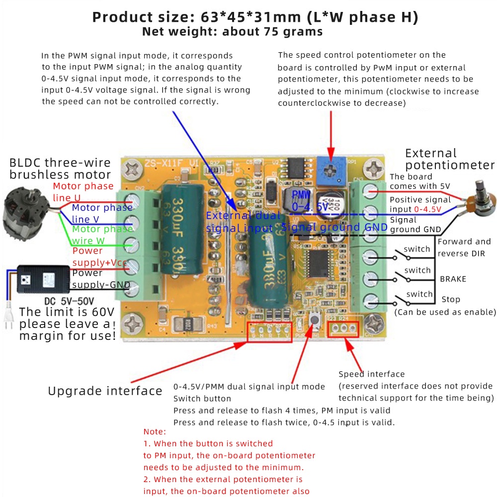 Dc6.5-50v 380W BLDC สามเฟส DC มอเตอร์ควบคุม PWM ไม่มีเซ็นเซอร์ฮอลล์ มอเตอร์ควบคุม ไดรเวอร์บอร์ด Drop