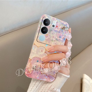 พร้อมส่ง เคสโทรศัพท์มือถือนิ่ม ปิดด้านหลัง ลายดอกไม้น่ารัก พร้อมสายคล้องคริสตัล วิบวับ สําหรับ VIVO V29 Y27 Y36 Y78 Y02T Y02A 5G 4G VIVOV29 VIVOY27 VIVOY36