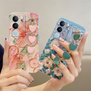 พร้อมส่ง เคสโทรศัพท์มือถือแบบนิ่ม ลายดอกไม้ หัวใจ พร้อมสายคล้องข้อมือ สําหรับ VIVO V29 5G VIVO V29e V29 Pro 5G 2023