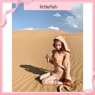 [littlefish] ชุดเดรสกระโปรง ผ้าถัก มีฮู้ด ขนาดใหญ่ ลายปีศาจน้อย แฟชั่นฤดูใบไม้ร่วง สําหรับสตรี 2023