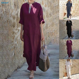 【HODRD】Plus Size Womens Cotton Linen Maxi Dress with Pockets Elegant Design (Wine Red)【Fashion】