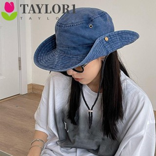 Taylor1 หมวกบักเก็ต ผ้าฝ้าย ป้องกันแดด หรูหรา สีฟ้า สไตล์ตะวันตก สําหรับผู้หญิง