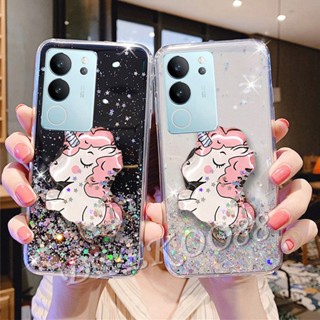 ใหม่ เคสโทรศัพท์มือถือ TPU แบบนิ่ม ลายการ์ตูนยูนิคอร์นน่ารัก วิบวับ พร้อมขาตั้ง สําหรับ VIVO V29 VIVO V29 5G 2023