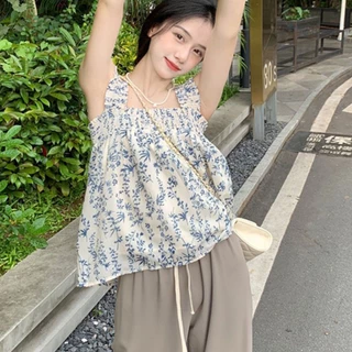เสื้อครอปสั้นคอเหลี่ยมลายดอกไม้เเฟชั่นวินเทจของผู้หญิงสวมใส่สบาย