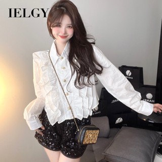 Ielgy เสื้อเชิ้ตแขนยาว คอปกโปโล ทรงหลวม สีขาว สไตล์ฝรั่งเศส หรูหรา สําหรับผู้หญิง