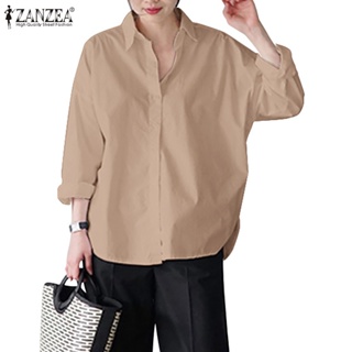 Zanzea เสื้อเชิ้ต เปิดไหล่ แขนสามส่วน สีพื้น สไตล์เกาหลี สําหรับผู้หญิง