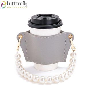 Buttterfly ที่วางแก้ว หนัง PU ป้องกันน้ําร้อนลวก ถอดออกได้ ประดับโซ่มุก สําหรับกลางแจ้ง