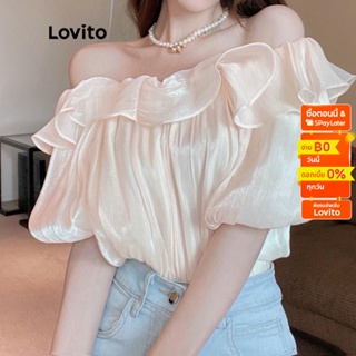 Lovito เสื้อเบลาส์ แต่งระบาย สีพื้น สไตล์ลำลอง สำหรับผู้หญิง LNE11073 (สีแอปริคอท)