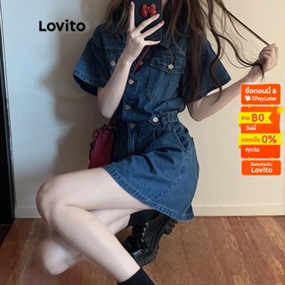 Lovito ชุดเดรสยีนแขนสั้นลําลอง แต่งกระเป๋า สําหรับผู้หญิง LNA09006 (สีฟ้า)