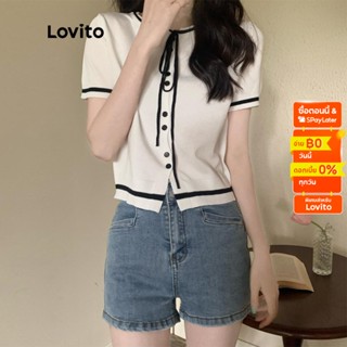 Lovito เสื้อผ้าถัก มีกระดุม แต่งขอบสี ผูกโบหน้า สีพื้น หรูหรา สำหรับผู้หญิง LNL01001 (สีขาว/สีดำ)