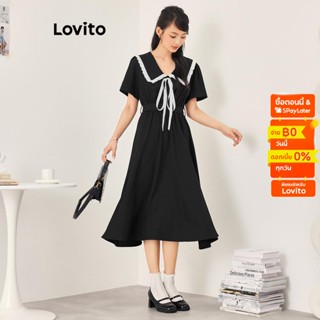 Lovito ชุดเดรส แต่งโบ ทรงเดรป เชือกผูก แต่งขอบสีตัดกัน สีพื้น สไตล์ลำลอง สำหรับผู้หญิง LNA07018 (สีดำ)