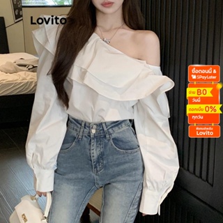 Lovito เสื้อเบลาส์ มีระบาย แต่งกระดุม ชายไม่เสมอกัน สีพื้น สไตล์ลำลอง สำหรับผู้หญิง  LNA11141 (สีขาว)