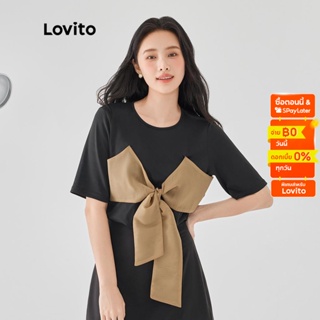 Lovito เสื้อยืด แขนสั้น คอกลม แต่งโบหน้า สีพื้น สไตล์ลำลอง สำหรับผู้หญิง LNE03146 (สีดำ)