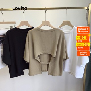 Lovito เสื้อยืดไหล่ตก แขนสั้น คอกลม ผูกหลัง แบบคัทเอ้าท์ สีพื้น สไตล์ลำลอง สำหรับผู้หญิง LNA06167 (สีกากี)