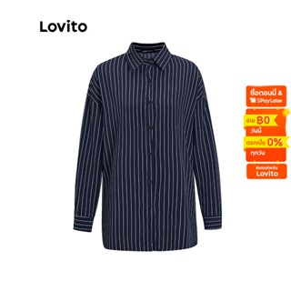 Lovito เสื้อเบลาส์ แขนยาว คอปก ลายทาง สไตล์สง่า สำหรับผู้หญิง LNE06057 (สีน้ำเงินเข้ม)