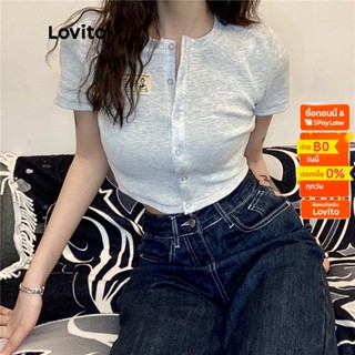 Lovito เสื้อยืด ผ้าถัก กระดุมหน้า สำหรับผู้หญิง LNA14191 (สีเทา)