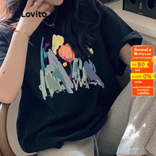 Lovito เสื้อยืด คอกลม แขนสั้น โอเวอร์ไซซ์ ลายตัวอักษร ดอกไม้ สีพื้น สไตล์ลำลอง สำหรับผู้หญิง LNA07012 (สีดำ)