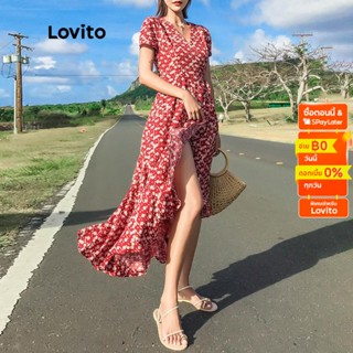 Lovito เดรสทรงป้าย ชายระบาย ดอกไม้ สไตล์ลำลอง สำหรับผู้หญิง LNA11083 (สีแดง)