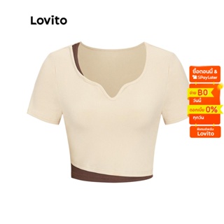 Lovito เสื้อยืด แขนสั้น สีพื้น สไตล์ลำลอง สำหรับผู้หญิง LNE05076 (สีแอปริคอท)