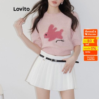 Lovito เสื้อถัก แขนสั้น คอกลม ลายสัตว์ สไตล์ลำลอง สำหรับผู้หญิง LNA13007 (สีขาว / สีชมพู)