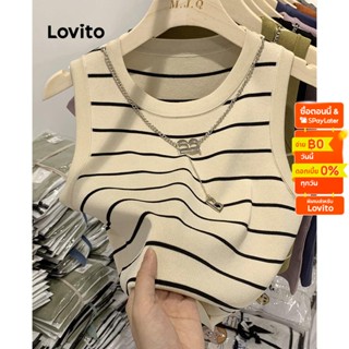 Lovito เสื้อสายเดี่ยว คอกลม แขนกุด เบสิก ลายทาง สไตล์ลำลอง สำหรับผู้หญิง LNA07011 (สีขาว/สีเขียว)