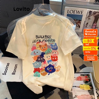 Lovito เสื้อยืด โอเวอร์ไซซ์ ลายการ์ตูน สไตล์ลำลอง สำหรับผู้หญิง LNA04070 (สีแอปริคอต)