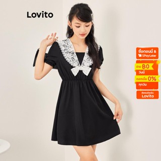 Lovito ชุดมินิเดรส แขนสั้น ทรงเอ คัลเลอร์บล็อก สีพื้น สไตล์ลำลอง สำหรับผู้หญิง LNE07134 (สีดำ)