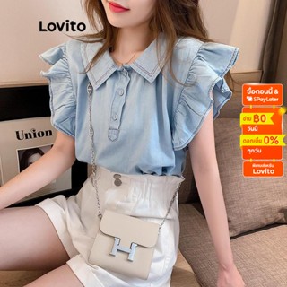 Lovito เสื้อเบลาส์ แขนสั้น คอปก สไตล์หรูหรา สำหรับผู้หญิง LNE07099 (สีน้ำเงิน)