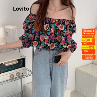 Lovito เสื้อเบลาส์ลำลองลายดอกไม้ แขนพอง สำหรับสตรี LNA04038 (สีดำ)