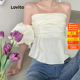 Lovito เสื้อเบลาส์ แขนสั้น เปิดไหล่ แต่งจีบย่น สีพื้น สไตล์ลำลอง สำหรับผู้หญิง LNE04011 (สีแอปริคอต)