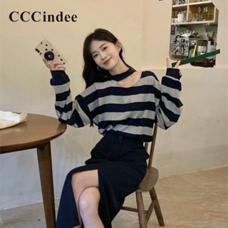 Cccindee ใหม่ เสื้อยืดลําลอง แขนยาว ทรงหลวม ลายทาง แฟชั่นสําหรับสตรี 2023