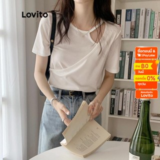 Lovito เสื้อยืดลำลอง Textured Material คัทเอ้าท์ แต่งชายไม่เท่ากัน สีพื้น สำหรับผู้หญิง NA12058 (สีดำ)