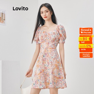 Lovito เดรสทรงเอ แขนพองสั้น แบบจีบย่น ลายดอกไม้ สไตล์โบโฮ สำหรับผู้หญิง LNE04050 (หลากสี)