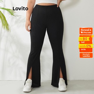 Lovito Plus Size Curve กางเกงลําลอง เอวยางยืด ผ่าหน้า ใส่สบาย พลัสไซซ์ สีดํา LPS01006