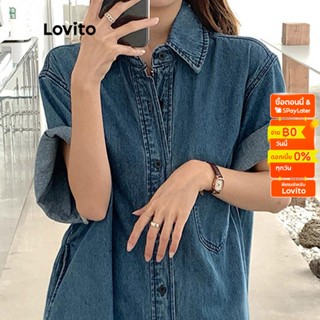 Lovito ชุดเดรสยีนแขนสั้นลําลอง แต่งกระเป๋า สําหรับผู้หญิง LNA09005 (สีฟ้า)