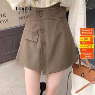 Lovito กางเกงขาสั้น ลําลอง แต่งกระดุม ทรงไม่สมมาตร สําหรับผู้หญิง LNA16199 (สีกากี)