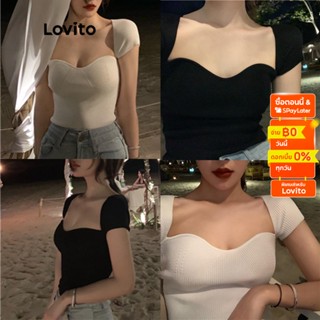 Lovito เสื้อถักแขนสั้น คอเหลี่ยม สีพื้น สไตล์ลำลอง สำหรับผู้หญิง LNA13033 (สีขาว / สีดำ)