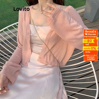 Lovito เสื้อคาร์ดิแกน คอกลม แขนยาว ลายดอกไม้ สง่างาม สําหรับผู้หญิง LNE09063 (สีขาว/ชมพู)