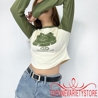 Topone- เสื้อยืดคอกลม แขนยาว พิมพ์ลาย สไตล์เรโทร สําหรับผู้หญิง