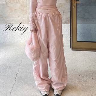 Rekiy ใหม่ กางเกงลําลอง เอวสูง ทรงหลวม ผูกเชือก สีตัดกัน สําหรับผู้หญิง 2023