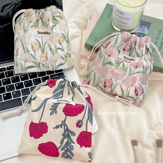  Wenwan Storage Bag Ť กระเป๋าหูรูด ผ้าฝ้าย ลายดอกไม้ ขนาดเล็ก สําหรับใส่เครื่องสําอาง ของจิปาถะ