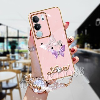 เคสมือถือ แบบนิ่ม ลายผีเสื้อ ประดับเพชร พร้อมสายคล้อง สําหรับ Vivo V29 5G VIVOV29 2023