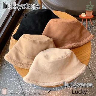 Lucky หมวกบักเก็ต ผ้ากํามะหยี่ ขนนิ่ม สองด้าน อบอุ่น กันแดด สําหรับผู้หญิง