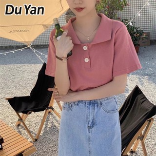 Du Yan เสื้อยืดลําลอง แขนสั้น คอปกพับ ทรงหลวม สีพื้น สไตล์เกาหลี แฟชั่นฤดูร้อน สําหรับสตรี