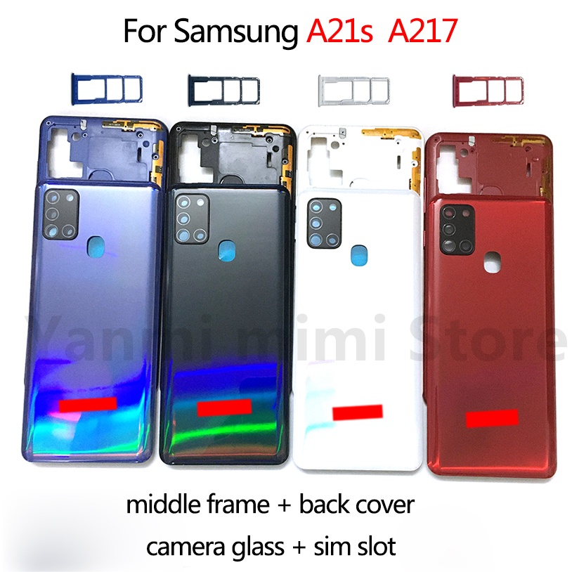 1pcs สําหรับ Samsung Galaxy A21s A217 ที่อยู่อาศัยกรอบกลางแชสซีแบตเตอรี่ฝาครอบ shell ฝาปิดด้านหลังด้านหลังแผงซิมสล็อต