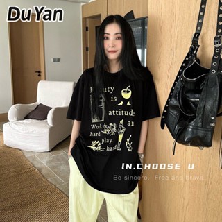 Du YAN เสื้อยืดแขนสั้น พิมพ์ลายกราฟฟิติ ตัวอักษร ทรงหลวม สไตล์เกาหลี สําหรับผู้หญิง