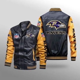 NFL Ravens football team custom jacket long sleeve plus velvet warm stitching color PU leather baseball uniform windproof jacket