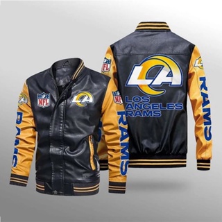 NFL Rams football team custom jacket long sleeve plus fleece warm stitching color PU leather baseball uniform windproof jacket