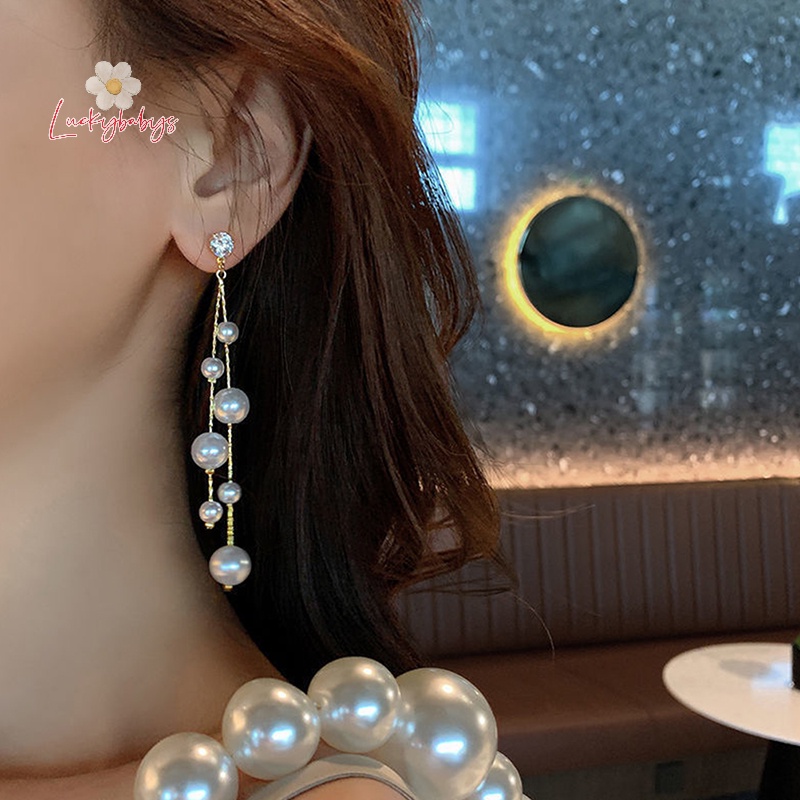 Luckybabys> เครื่องประดับเกาหลี หรูหรา ไข่มุกจําลอง ต่างหูห้อยยาว สําหรับผู้หญิง วินเทจ สีขาว มุกกลม ต่างหูแต่งงาน ของขวัญใหม่